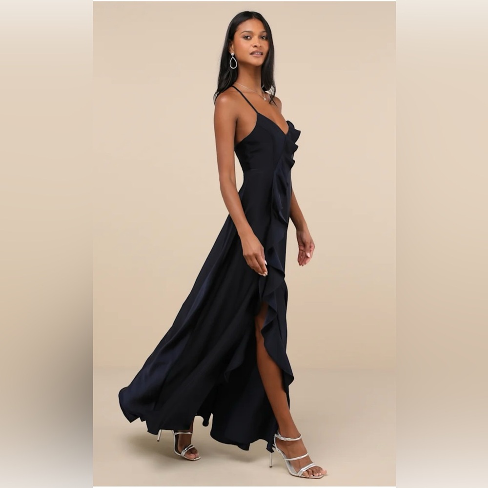 Lulus Stylish Grace Navy Blue Lace Up Ruffled Backless Maxi Formal Dress S, NEW - Picture 14 of 14